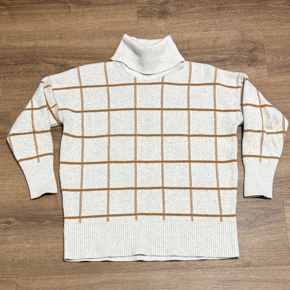 Madewell Cream and Brown Grid Sweater Merino Wool and Cotton Blend Size XXS